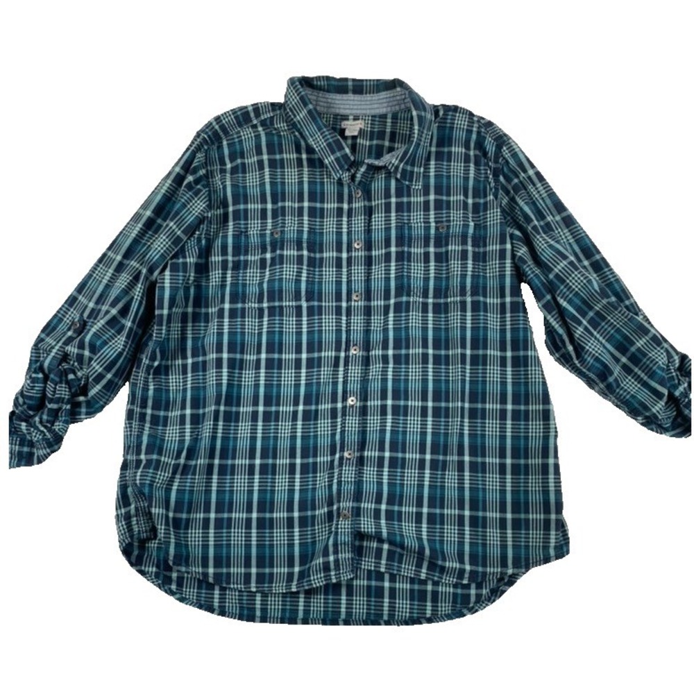 2/$30 Carhartt Button Up Shirt Sz XXL 20 Blue Plaid Roll Tab Sleeve 100% Cotton